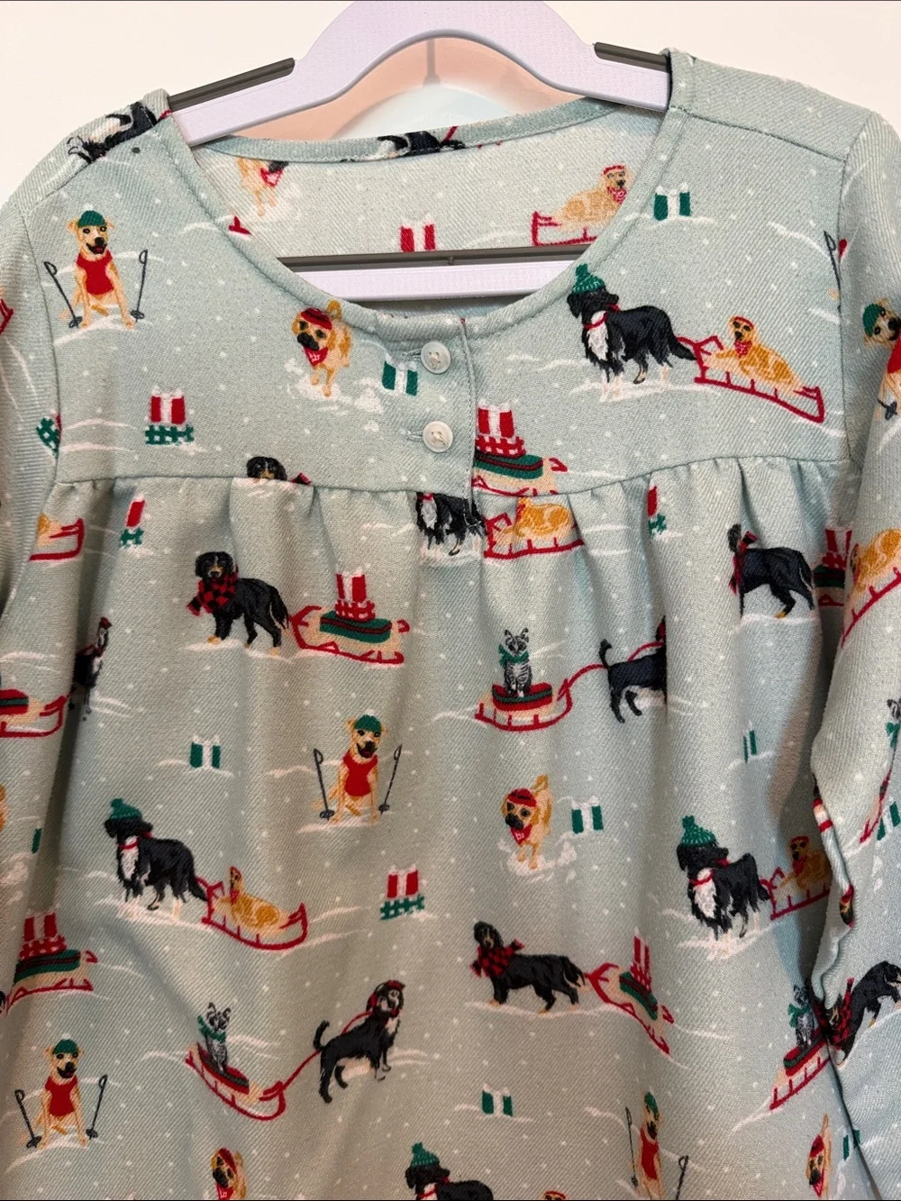 Lands’ End Holiday Dog Print Girls Long Sleeve Nightgown in Sage Green